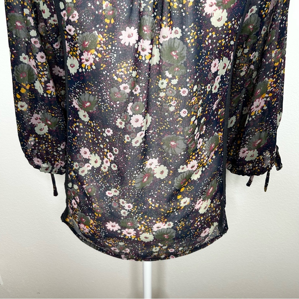 ZARA Womens Navy Blue Floral Chiffon Front Tie Top Balloon Sleeve Size XS/ S - Picture 9 of 10